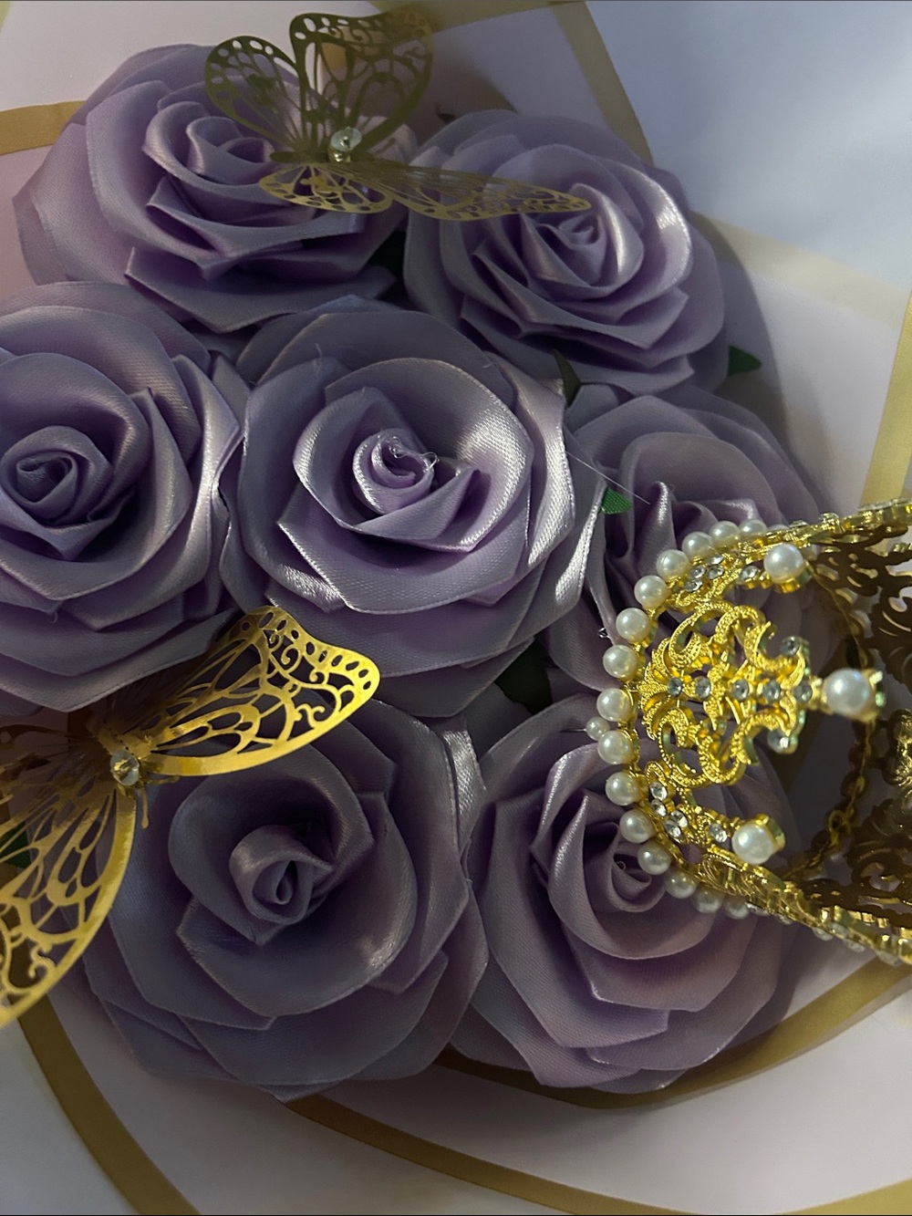 Hand Crafted Lavender Floral Crown with Gold and Pearl Accents - Picture 3 of 7